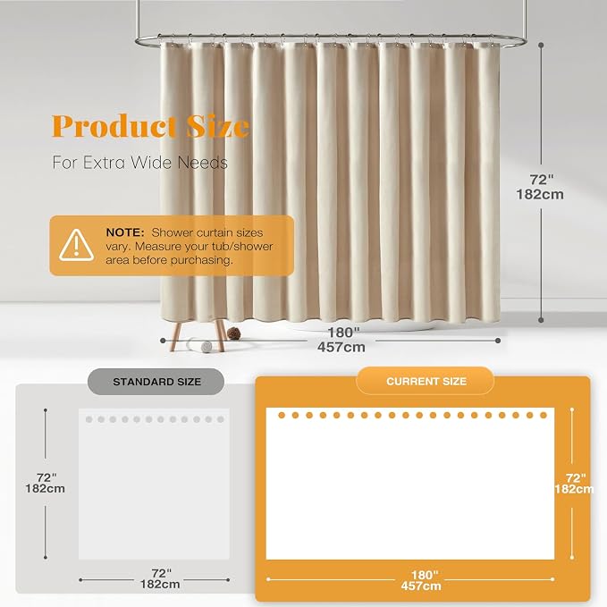 180x72 Linen Textured Waterproof Fabric Shower Curtain, Beige/Cream | Clawfoot Tub Size, 230GSM Polyester, Heavy Duty Cloth, Weighted Hem, 32 Plastic Hooks, Modern Hotel Style, Machine Washable