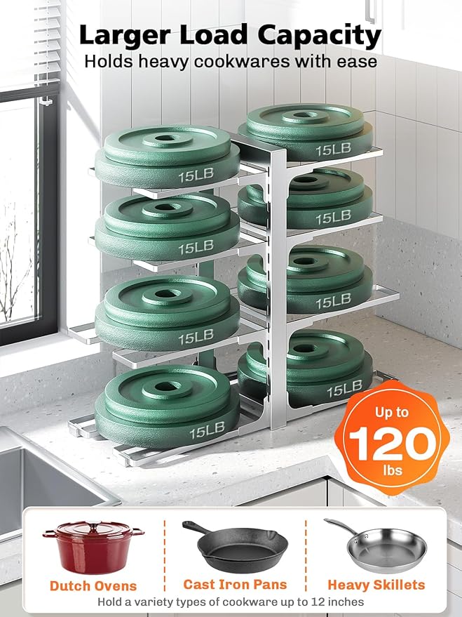 MUDEELA 8-Tier Heavy Duty Pots and Pans Organizer, 15.83" H Sliver | Adjustable pot rack, Holds frying pans and cast iron skillets, Heavy-duty steel. Fits under cabinet, Easy Assembly