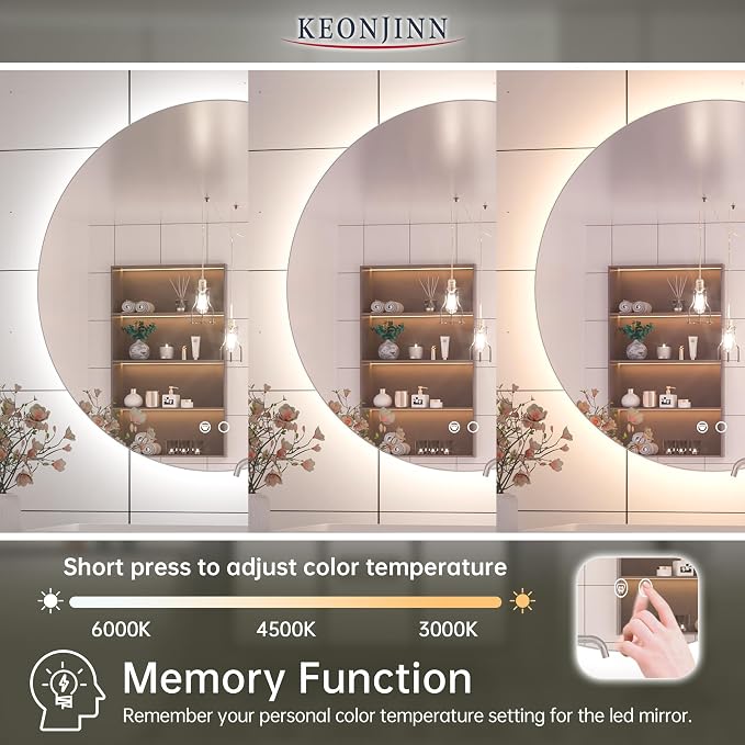 Keonjinn 28 Inch Round LED Mirror, Backlit Mirror Bathroom, 3 Color Lights | Explosion Proof Tempered Glass, Auto-OFF Defogging, Dimmable, Hardwired/Plug in, Circle Makeup Vanity Mirror with Lights