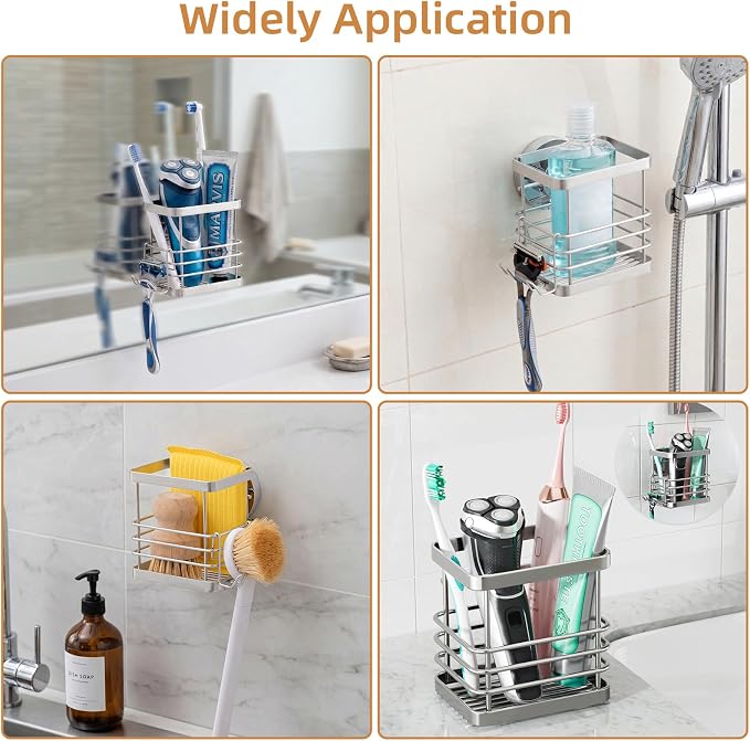 Powerful Suction Cup Stainless Steel Toothbrush Holders, Silver | Removable Shower Tooth brush and Toothpaste Holder, Strong Suction Up to 11lbs, Anti-Puddling ,No Drill Bathroom Organizer