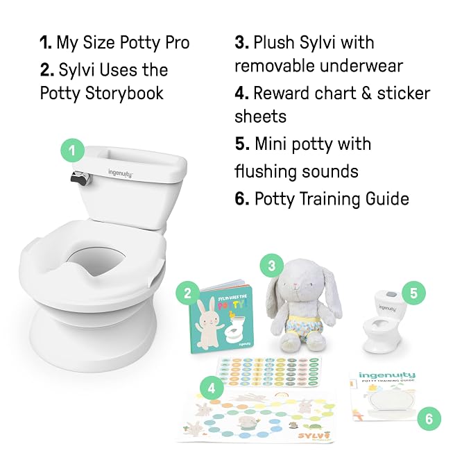 Ingenuity My Size Potty Training Toilet Kit with Sylvi Potty Training Book, Makes Learning Fun with Sticker Chart, Plush Toy, Mini Toy Potty, Full-Sized Toddler Toilet with Removable Potty Seat