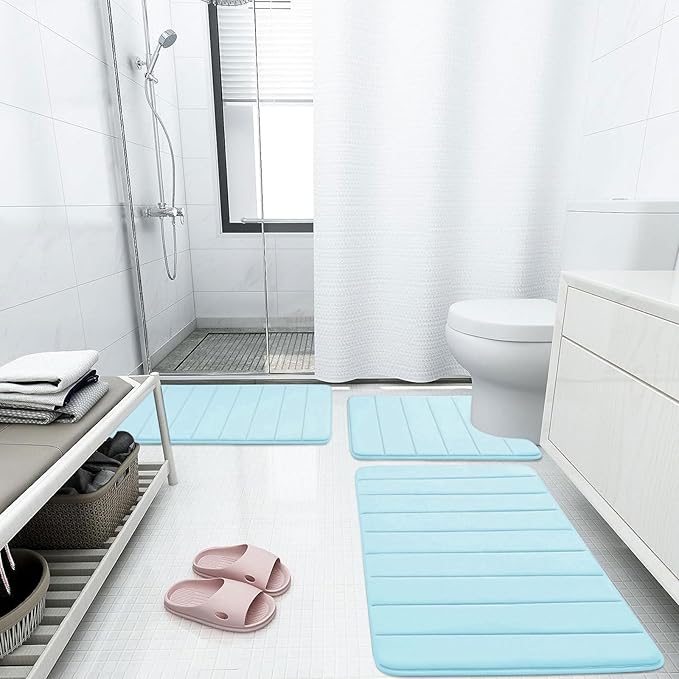 Buganda Memory Foam Bath Mat 47 x 20, Ultra Soft Absorbent Bathroom Rugs | Light Blue, Machine Washable Quick Dry Bath Mats for Bathroom Floor, Shower and Tub, Home Decor Accessories