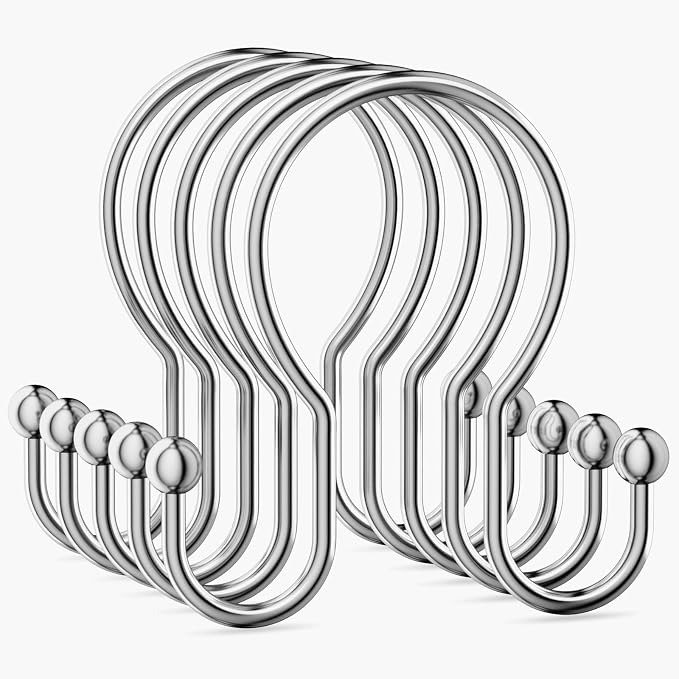 OEH Shower Curtain Hooks, 12 Pcs Minimalist Shower Curtain Rings, Metal Shower Curtain Hangers, Double Hook Silver Shower Curtain Hooks Rust Proof, Smooth Glide Shower Hooks for Shower Curtain, Chrome