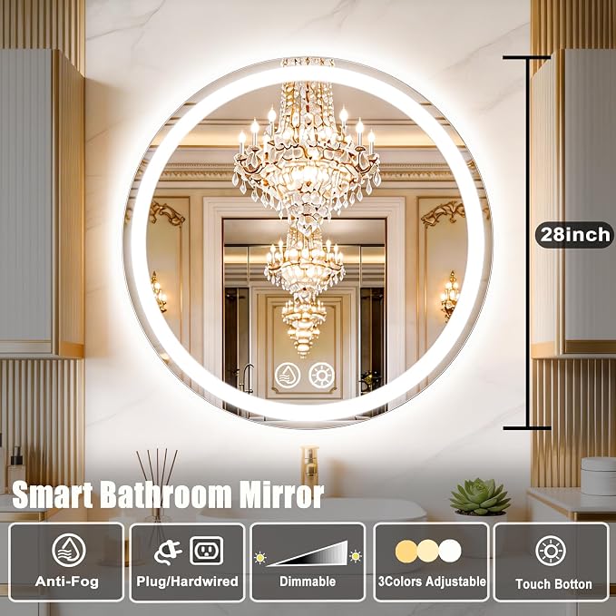LTFUUAI 28" Round LED Bathroom Mirror with Lights, Front & Back Light | Lighted Bathroom Mirror, Touch 3-Color Stepless Dimming, Wall Mounted, Anti-Fog Shatterproof, UL Listed
