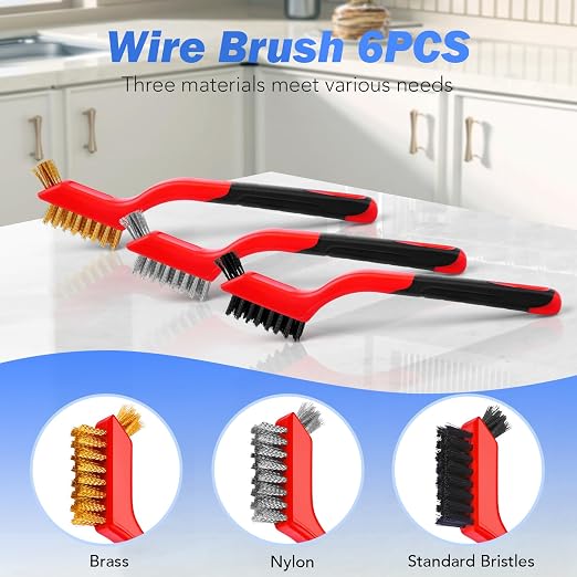 Wire Brush Set, 6 Pcs Brass/Stainless Steel/Nylon Wire Brushes | Red, 7" Total Length for Tight Spaces, For Cleaning with Curved Handle Grip for Rust Removal, Dirt, Paint Scrubbing