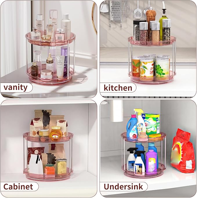 Rotating Makeup Organizer, Perfume Skincare Holder, 2 Tier 9 Inch, Pink | 360° Smooth Spinning Vanity Tray, Large Capacity, Space-Saving Cosmetics Storage for Bathroom Countertop, Dresser