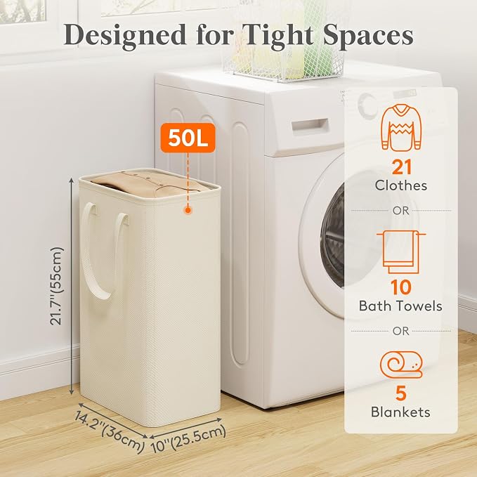 Lifewit Slim Collapsible Laundry Basket with Handles, 50L, Ivory | Narrow Laundry Hamper for Dirty Clothes, Tall Thin Laundry Bin, Small Clothes Hamper for Bathroom, Bedroom, RV, Dorm