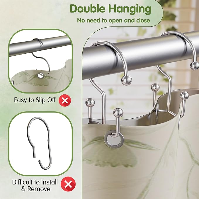 OEH 24 Pcs Shower Curtain Hooks, Metal Shower Curtain Rings, Silver Shower Curtain Hooks Rust Proof, Double Shower Rings for Curtain, Easy Install Anti-Drop Shower Hooks for Shower Curtain, Chrome