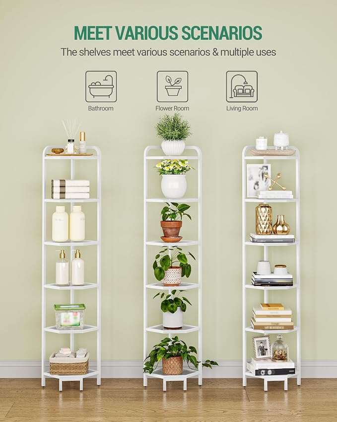 Hzuaneri Corner Shelf Stand, 6-Tier Glass Bookshelf Bookcase, Plant Stand | Bathroom Organizer Steel Frame, Tempered Glass, Modern Style for Living Room, Bathroom, Kitchen, White CS90613W