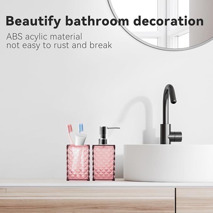 2 Piece Bathroom Accessory Set, Pink Soap Dispenser and Toothbrush Holder | Pink Bathroom Accessories Sets, Modern Bathroom Decor, Plastic Bathroom Sets