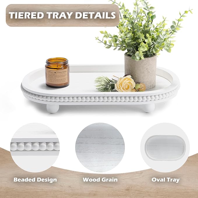 Wooden Beaded White Oval Decorative Tray for Home Office Coffee Bar | Rustic Wood Serving Trays for Coffee Table Farmhouse Centerpieces for Living Room Kitchen Counter (White Oval)