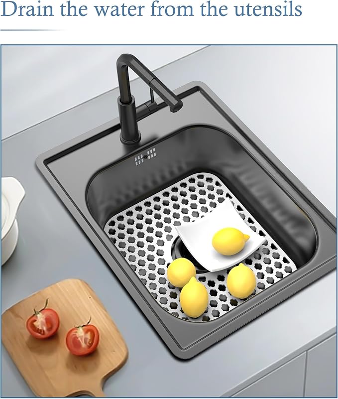 Silicone Sink Protector Kitchen Sink Mat 2 Pack 13.58"x 11.6" White | Heat-resistant Non-Slip and Durable Silicone Protectors Mat, Center Drain