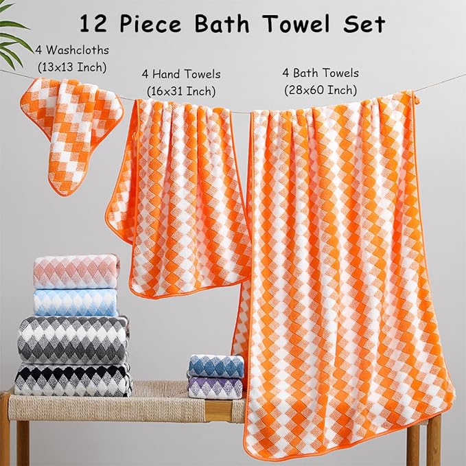 12 Pcs Orange White Diamond Towel Set-4 Bath Towels,4 Hand Towels,4 Washcloths Soft Polyester Towels with Loop Absorbent Shower Towel Quick Dry Beach Chair Towel Family Towels for Bathroom Gym Pool