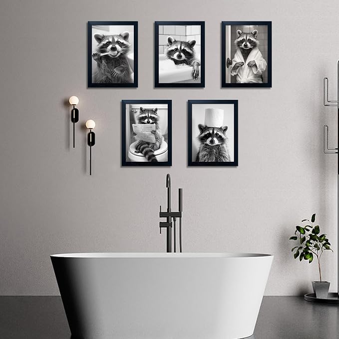 Funny Raccoon Bathroom Wall Decor Animal Wall Art Black and White Raccoon on Toilet Canvas Picture Print Farmhouse Framed Cute Painting Restroom Decoration Ready to Hang