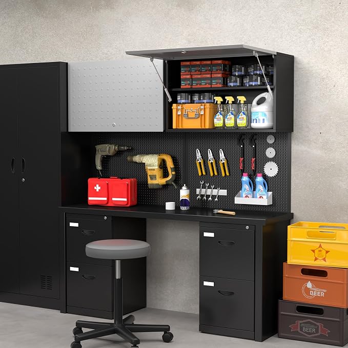 Garage Wall Cabinet, Metal Tool Cabinet with Lock&Adjustable Shelf | 20"H Wall Mounted Garage Storage Cabinets with Up-Flip Door, Steel Float Locker for Basement, Workshop, Kitchen, Black-silver