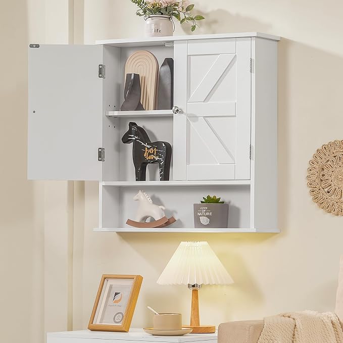 Bathroom Wall Cabinet, Bathroom Cabinet with Barn Doors & Adjustable Shelf, Over The Toilet Storage Cabinet, Medicine Cabinet, White UNGGX001WV1