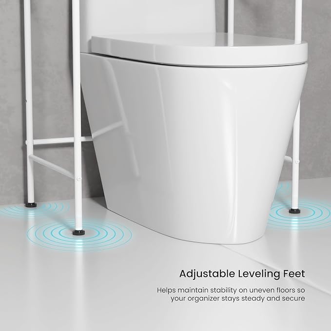 Home Zone Living Over-the-Toilet Bathroom Storage Cabinet Organizer | Freestanding Steel Frame Design with 3-Tier Shelves, Wide Stabilizing Base and Adjustable Feet, White
