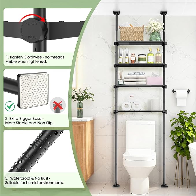 SUNALLY Over The Toilet Storage Shelf, Over Toilet Bathroom Organizer,Black | 4-Tier Adjustable Tension-Mounted Bathroom Storage Rack for Ceilings, No Drill Space-Saving Shelving for Small Rooms