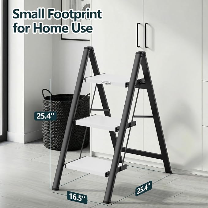 3 Step Foldable Step Stool, 300lbs Load, Black & White | Folded 35''H x 3''T; Net 9.9 lbs; Non-Slip Feet: Wood/Tile/Carpet; Rigid Aluminum Steps; No Assembly; Ready From Box.