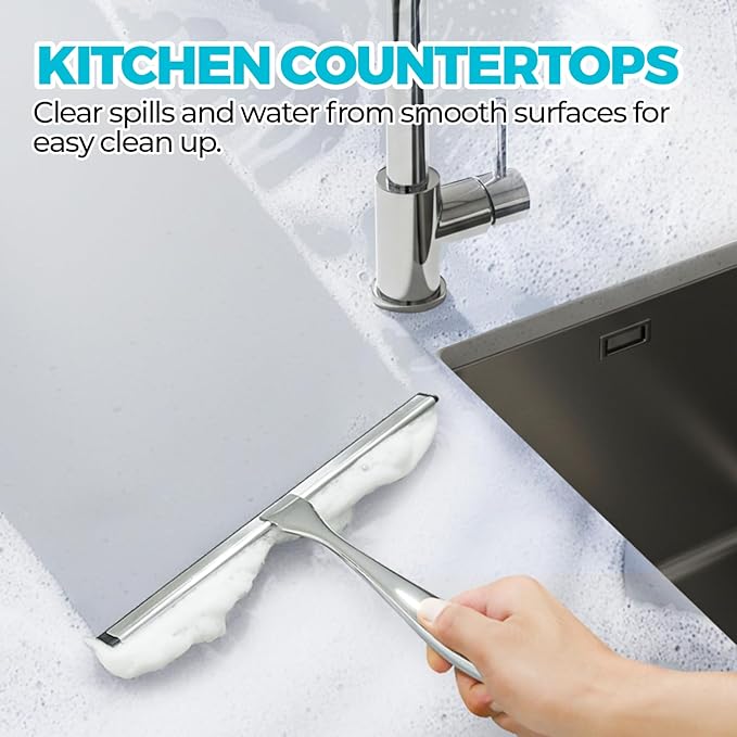 2pcs Shower Squeegee for Glass Doors with Adhesive Hanging Hook Set | 10” silver, bathroom accessories, window cleaner, new home essentials, soft rubber blade, metal handle, ergonomic grip