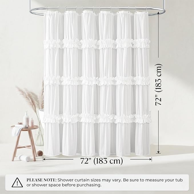LIPA Boho Shower Curtain Rustic Ruffle Shower Curtain with Ruched & Bow Vintage Farmhouse Shower Curtains for Bathroom Bohemian Bathroom Decor(White,72x72 Inches)