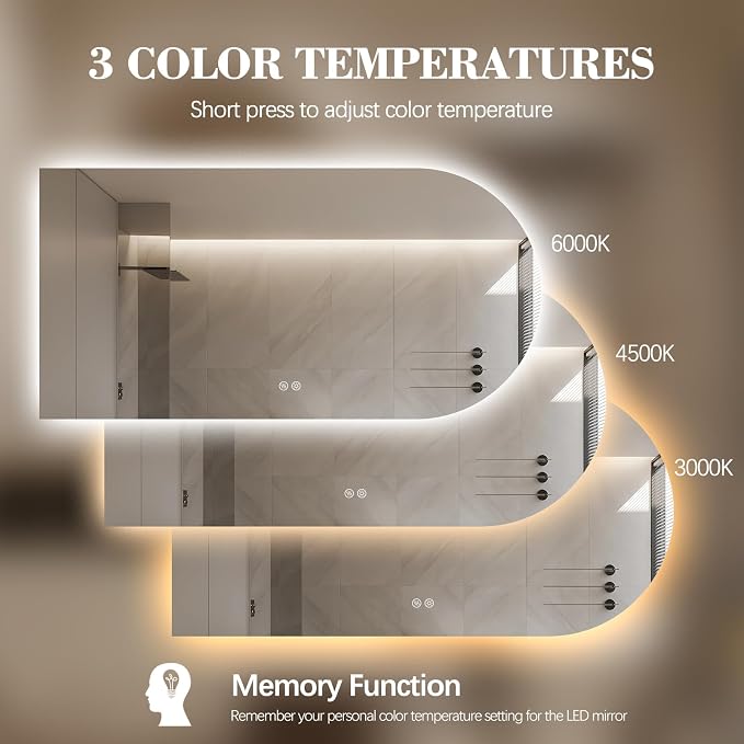 Arched LED Bathroom Mirror, 48"x24" Arch Framless Backlit Mirror with Lights Vanity Mirror for Makeup, Anti-Fog, Dimmable, 3-Color, Memory Function, IP65 Waterproof, UL Listed, Horizontal-Left