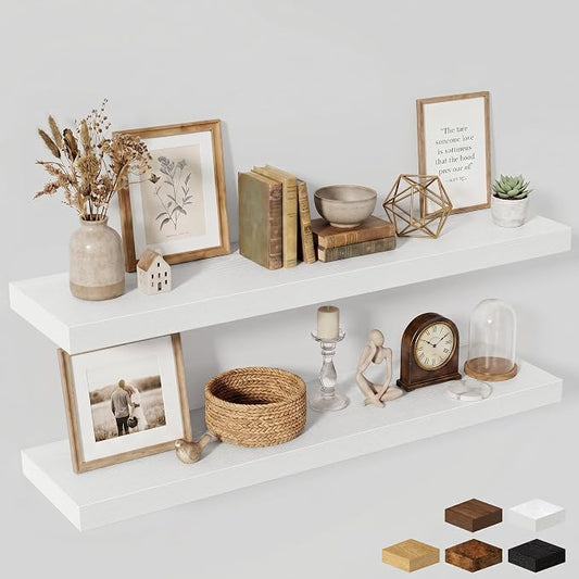 Fun Memories 55 Inch Floating Shelves for Wall - 12 Inch Deep Fireplace Mantel Shelf - Wood Floating Shelf for Wall - Large Storage Shelves Wall Mount for Living Room & Bedroom - White - Set of 2