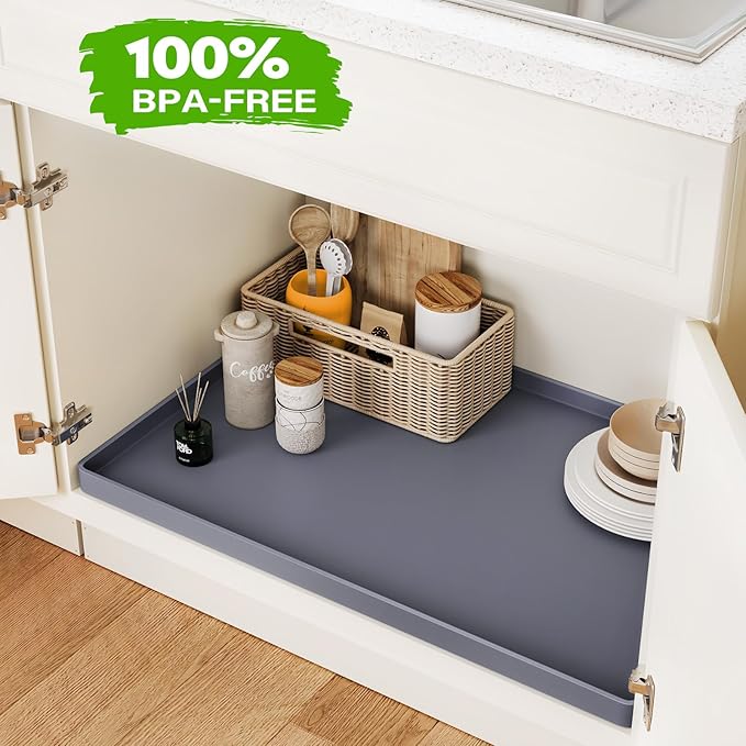 FLATO Waterproof Under Sink Mat, 37" x 22", Black | Shelf Liner for Kitchen and Bathroom, Cabinet Protector, Organizers and Storage, Flexible Silicone Drip Tray