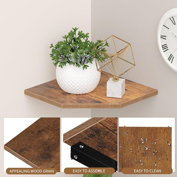 JJL Corner Shelf, 12 Inch Set of 4 Floating Shelves for Wall with Wire Hole for Security Camera and Radios Storage, 13.3 Inch Deep Wall Mounted Shelves for Living Room Corner Decoration, Rust Brown