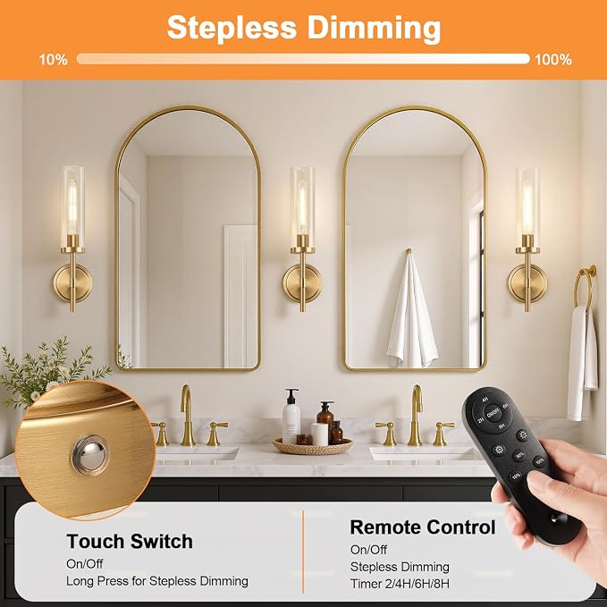 Battery Operated Wall Sconce Set of 2，Brushed Gold Wireless Rechargeable Wall Lighting Fixtures with Remote Control，Dimmable Wall Light for Bathroom ，Vanity, Living Room, Bedroom, Hallway, Stairway