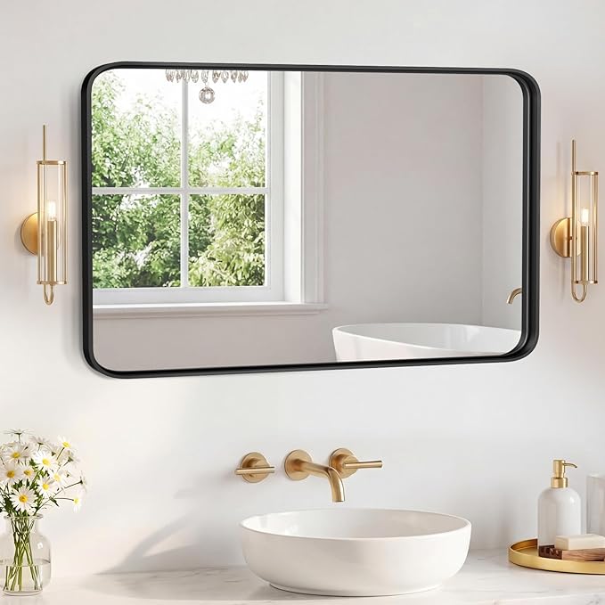 NEWBULIG Bathroom Mirror for Over Sink, 32X48 Inch Wall Vanity Mirror | Wall Mount, Tempered Glass, Anti-Rust Metal Framed, Rounded Rectangle, Farmhouse Home Decor, Black