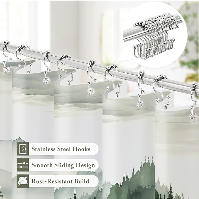 3 in 1 Dark Green Forest Shower Curtain Set, Modern Spring Shower Curtain and PEVA Liner Set with 12 Stainless Steel Shower Curtain Hooks, Waterproof Fabric Shower Curtains for Bathroom, 72 W x 72 H