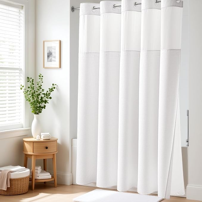 White Hook Free Waffle Shower Curtain & Snap-in Fabric Liner,72x87 | Less Time to install, 3 in 1 Fabric Shower Curtain and Liner Set with Magnets, Extra Long, Shower Curtains for Bathroom