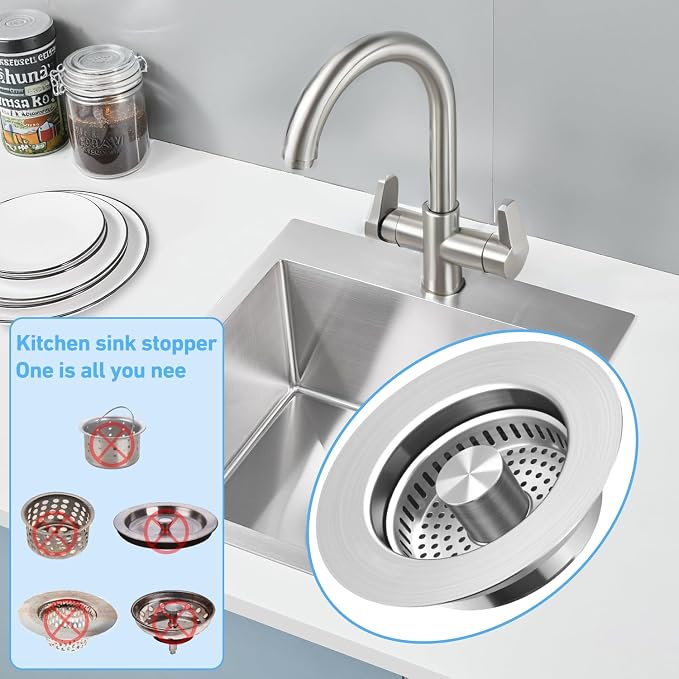 Sink Drain Strainer 3 in 1, 304 Stainless Steel Pop Up Kitchen Sink Stopper with Anti-Clogging Basket, Kitchen Essential Drain Anti-Clog Gadgets, Fits US Standard 3-1/2'' Sink Drain (Silver, 2 Pack)