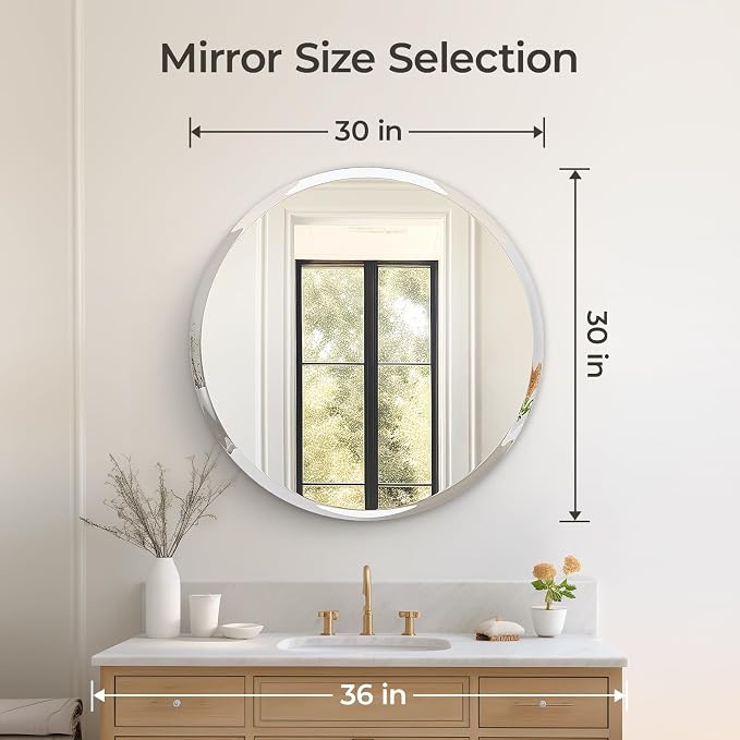 30" Round Frameless Wall Mirror with Beveled Edge | Circle Mirror for Bathroom & Vanity, Elegant & Simple Look