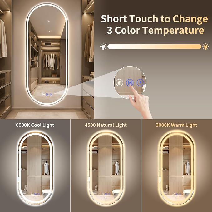 Oval LED Bathroom Mirror, 34"x 76" Led Full Length Mirror | Frameless Large LED Mirror with Front Light & Backlit, Anti-Fog, Dimmable Wall Mounted Lighted Mirror, Smart Bathroom Mirror