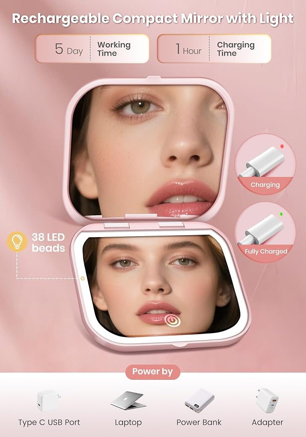 Magnifying Mirror with Light, Rechargeable 40X Compact Mirror with 3 Lighting Modes & Dimmable Brightness, Portable Travel Makeup Mirror with Light, Essentials for Travel, Pocket Purse Pink