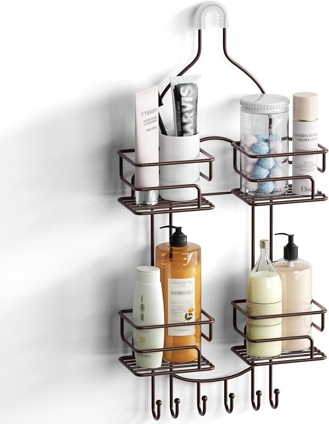 SRIWATANA Shower Caddy Hanging, Shower Organizer with Razor Hooks, Bronze | Rustproof Shower Rack, No Drilling Shelves Over Shower Head, Anti-Swing Scution Install, Bathroom Holder for Sponge Loofah