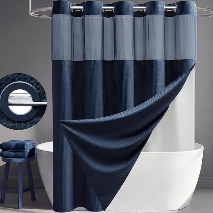 Navy Blue Hook Free Waffle Shower Curtain & Snap-in Liner,72x87 | Less Time to install, 3 in 1 Fabric Shower Curtain and Liner Set with Magnets, Extra Long, Shower Curtains for Bathroom