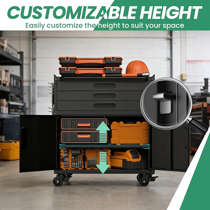 Garage Tool Cabinet Set,Heavy Duty Steel Rolling Tool Chest with Lockable Doors & Adjustable Shelves