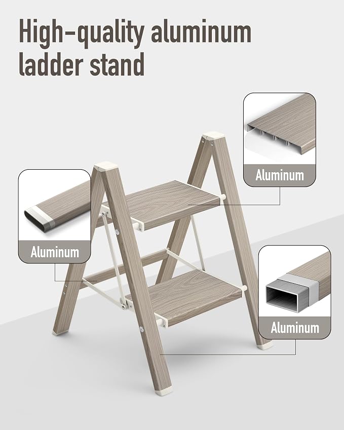 Mayi Plus 2 Step Stool Foldable, Aluminum, Lightweight Step Ladder | Extra-wide anti-slip folding steps with 330 lbs, for home,kitchen,office,outdoor,Fir woodgrain