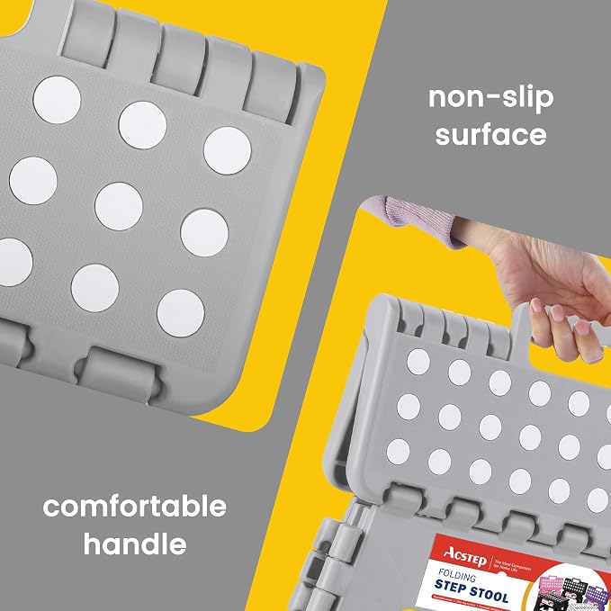 Folding Step Stool 9 Inch, Non-Slip Foldable Stools for Kids, Gray | Heavy Duty Collapsible Foot Stool, Lightweight, Holds 300lb for Toddler/Adults Kitchen Bathroom Bedroom Outdoor, with Handle
