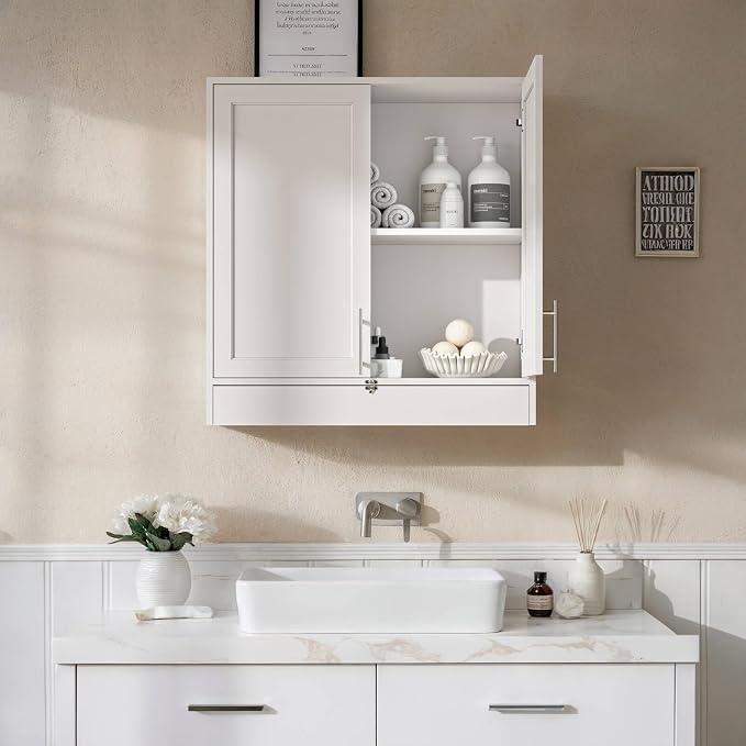 29.5’’Wx11’’Dx31’’H Laundry Wall Cabinet with Flip-Bottom Drawer, Laundry Cabinet Wall Mounted, Bathroom Wall Cabinet, Shaker Upper Wall Cabinets for Laundry, Kitchen, White