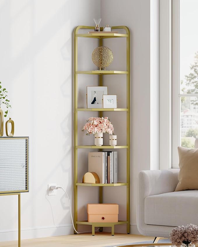 Hzuaneri Corner Shelf with LED Lighting, 6-Tier Glass Bookshelf | Steel Frame, Tempered Glass, Modern Style Corner Shelf, Suitable for Living Rooms, Bedrooms and Games Rooms CS09699G