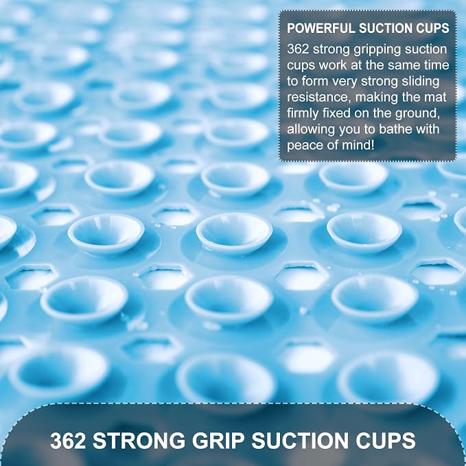 TEESHLY Bath Tub Shower Mat, Non Slip Bathtub Floor Liner Mats with Suction Cups and Drain Holes, Machine Washable Bathmat for Bathroom Floor Safety, 40 x 16 Inch, Sky Blue