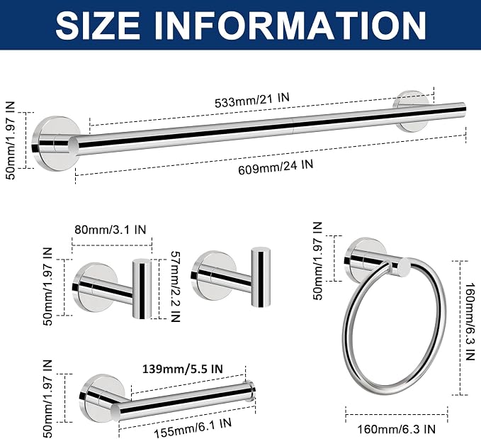 NearMoon 5 Pieces Bathroom Hardware Set SUS304 Thicken Stainless Steel-Towel Rack Kit Include 24" Towel Rod + Bath Towel Ring + Toilet Paper Holder + Robe Towel Hooks Bath Accessories (Chrome Finish)