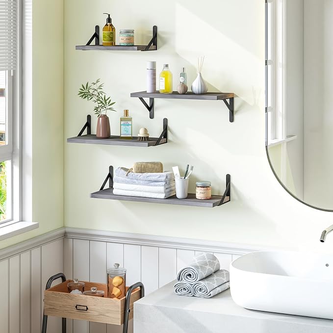 YGEOMER 4 Different Sizes Floating Shelves for Wall Decor, Weathered Gray | Rustic wood shelves in mixed sizes for flexible combined storage. Fits bathroom, kitchen, living room, bedroom and office.