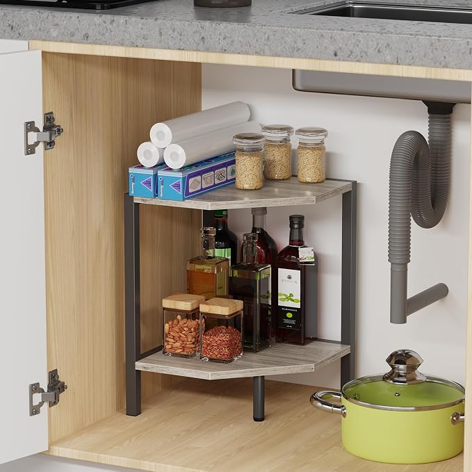 Creso hom Corner Shelf Stand, 2 Tier Industrial Corner Bookshelf | Multipurpose Standing Corner Display Shelf Countertop Organizer for Living Room Kitchen Bedroom Office, Greige