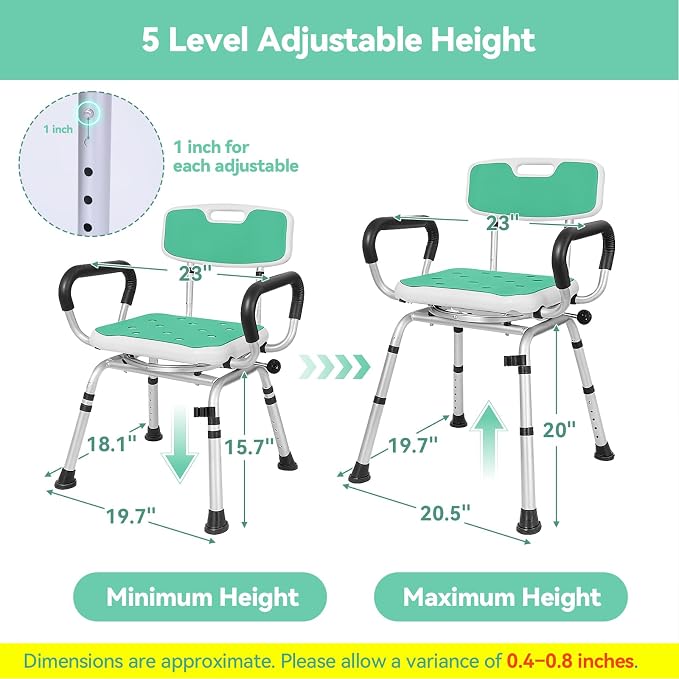 Swivel Shower Chair for Inside Shower, 400 lbs, Adjustable Height | Heavy Duty Non-Slip Shower Stool, Bath Seat with Removable Back and Arms, Safety Shower Stool for Seniors and Disabled