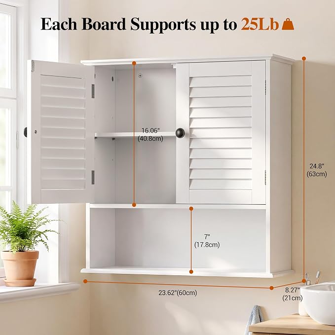 Bathroom Wall Cabinet with Adjustable Shelf, White 25" x 24" Medicine Cabinet with Louvered Doors, Over Toilet Storage Cabinet, Wall Mounted Bathroom Organizer for Bathroom, Laundry Room
